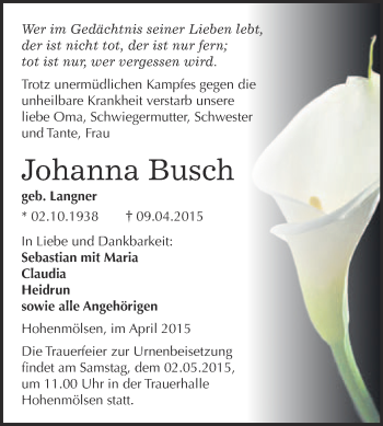 Traueranzeige von Johanna Busch von WVG - Wochenspiegel NMB / WSF / ZTZ