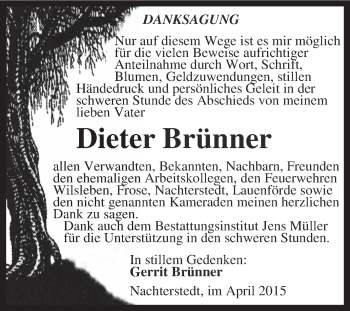 Traueranzeige von Dieter Brünner von Super Sonntag Aschersleben