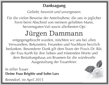 Traueranzeige von Jürgen Dammann von Wochenspiegel Mansfelder Land