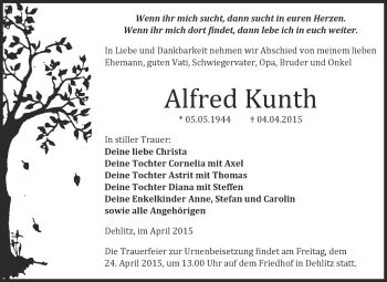 Traueranzeige von Alfred Kunth von Super Sonntag Merseburg