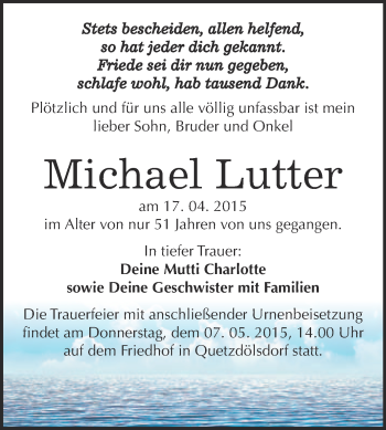 Traueranzeige von Michael Lutter von WVG - Wochenspiegel Bitterfeld