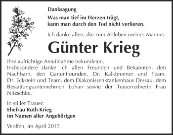 Traueranzeige von Günter Krieg von WVG - Wochenspiegel Bitterfeld