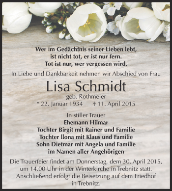 Traueranzeige von Lisa Schmidt von Super Sonntag Bernburg