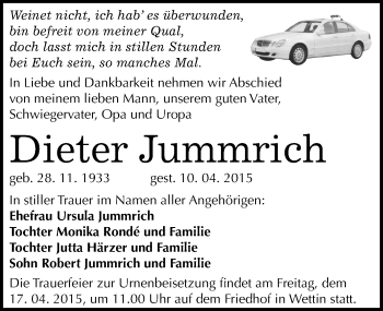 Traueranzeige von Dieter Jummrich von Mitteldeutsche Zeitung Halle/Saalkreis