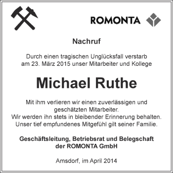 Traueranzeige von Michael Ruthe von Super Sonntag SGH Mansf. Land
