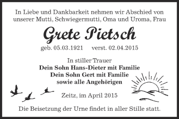 Traueranzeige von Grete Pietsch von Super Sonntag Zeitz