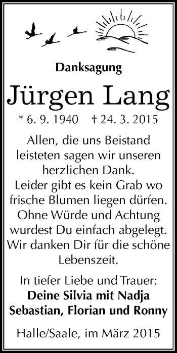 Traueranzeige von Jürgen Lang von Mitteldeutsche Zeitung Halle/Saalkreis