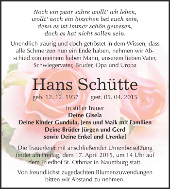 Traueranzeige von Hans Schütte von WVG - Wochenspiegel NMB / WSF / ZTZ