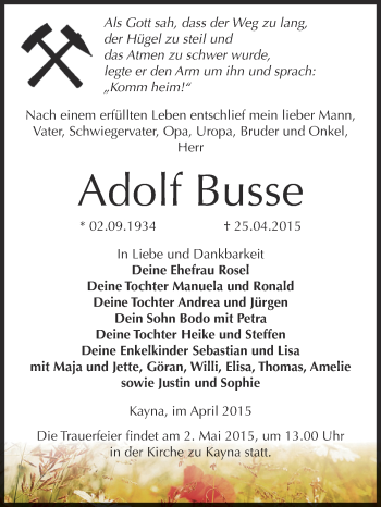Traueranzeige von Adolf Busse von Super Sonntag Zeitz