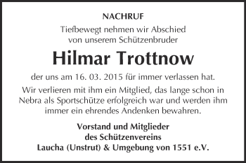 Traueranzeige von Hilmar Trottnow von WVG - Wochenspiegel NMB / WSF / ZTZ