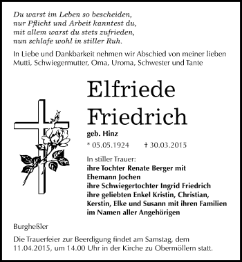 Traueranzeige von Elfriede Friedrich von Mitteldeutsche Zeitung Naumburg/Nebra