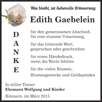 Traueranzeige von Edith Gaebelein von Super Sonntag Bernburg