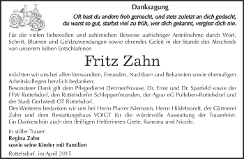 Traueranzeige von Fritz Zahn von Super Sonntag SGH Mansf. Land