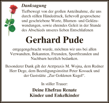 Traueranzeige von Gerhard Pude von WVG - Wochenspiegel Dessau / Köthen