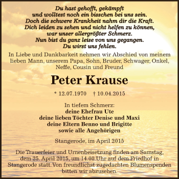 Traueranzeige von Peter Krause von Super Sonntag SGH Mansf. Land