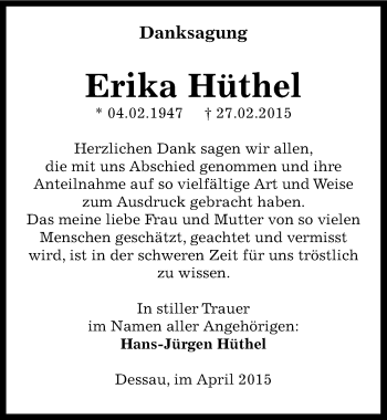 Traueranzeige von Erika Hüthel von Mitteldeutsche Zeitung Dessau-Roßlau