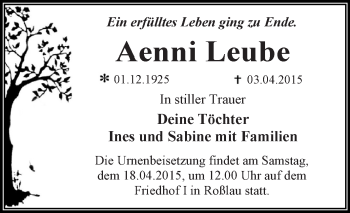 Traueranzeige von Aenni Leube von WVG - Wochenspiegel Dessau / Köthen