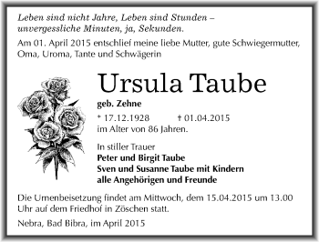 Traueranzeige von Ursula Taube von Mitteldeutsche Zeitung Merseburg/Querfurt