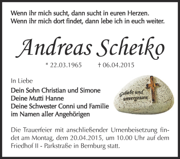 Traueranzeige von Andreas Scheiko von Super Sonntag Bernburg