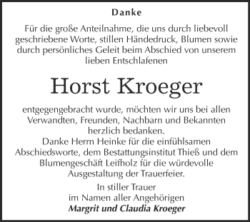 Traueranzeige von Horst Kroeger von Super Sonntag Quedlinburg