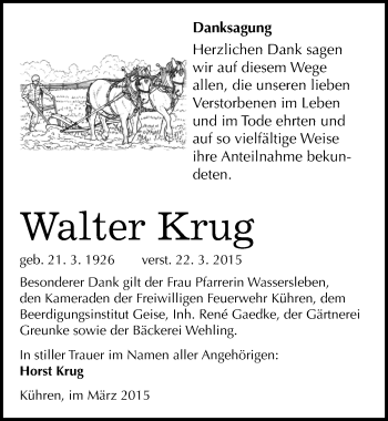 Traueranzeige von Walter Krug von Mitteldeutsche Zeitung Köthen