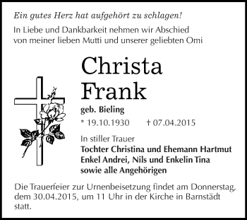 Traueranzeige von Christa Frank von WVG - Wochenspiegel Merseburg