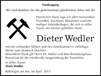 Traueranzeige von Dieter Wedler von Mitteldeutsche Zeitung Mansfelder Land