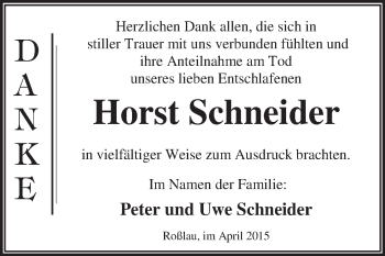 Traueranzeige von Horst Schneider von WVG - Wochenspiegel Dessau / Köthen