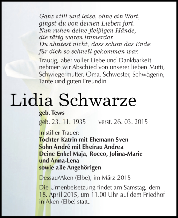 Traueranzeige von Lidia Schwarze von WVG - Wochenspiegel Dessau / Köthen