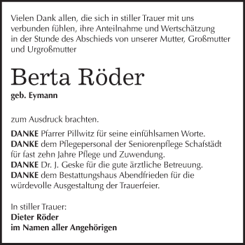 Traueranzeige von Berta Röder von WVG - Wochenspiegel Merseburg