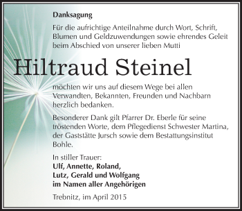Traueranzeige von Hiltraud Steinel von Mitteldeutsche Zeitung Merseburg/Querfurt