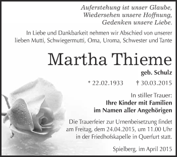 Traueranzeige von Martha Thieme von WVG - Wochenspiegel Merseburg
