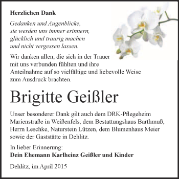 Traueranzeige von Brigitte Geißler von WVG - Wochenspiegel Merseburg