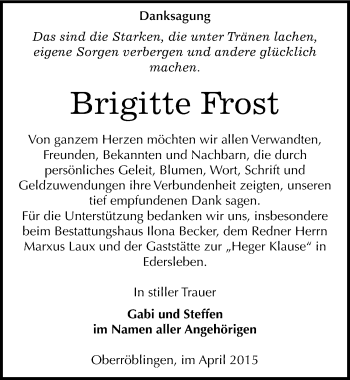 Traueranzeige von Brigitte Frost von Mitteldeutsche Zeitung Sangerhausen