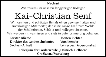 Traueranzeige von Kai-Christian Senf von Mitteldeutsche Zeitung Merseburg/Querfurt
