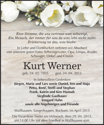 Traueranzeige von Kurt Werner von Mitteldeutsche Zeitung Sangerhausen