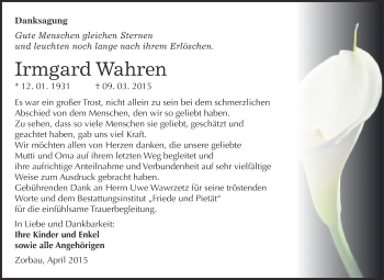 Traueranzeige von Irmgard Wahren von WVG - Wochenspiegel NMB / WSF / ZTZ