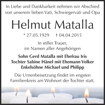 Traueranzeige von Helmut Matalla von Super Sonntag Bernburg