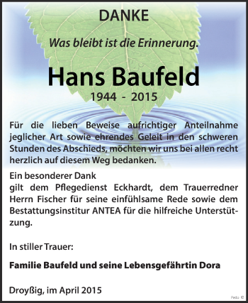 Traueranzeige von Hans Baufeld von Super Sonntag Zeitz