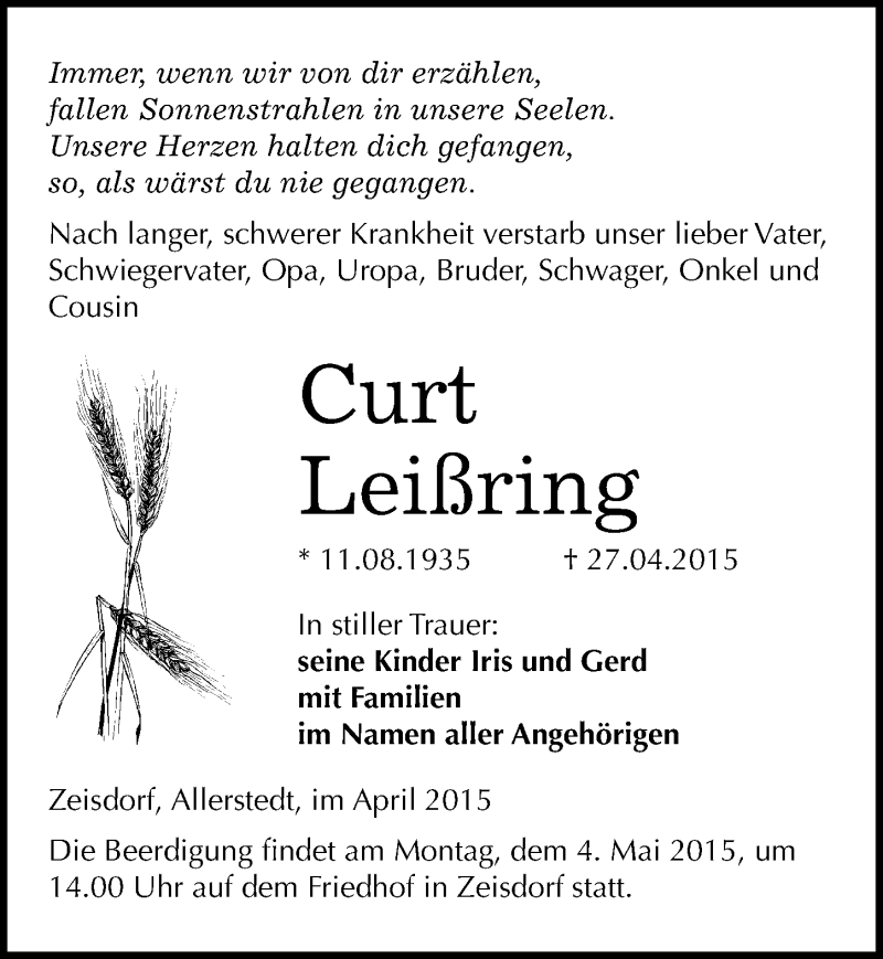  Traueranzeige für Curt Leißring vom 30.04.2015 aus Mitteldeutsche Zeitung Naumburg/Nebra