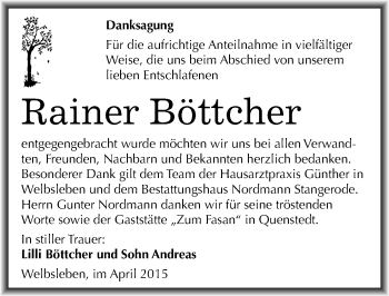 Traueranzeige von Rainer Böttcher von Mitteldeutsche Zeitung Mansfelder Land