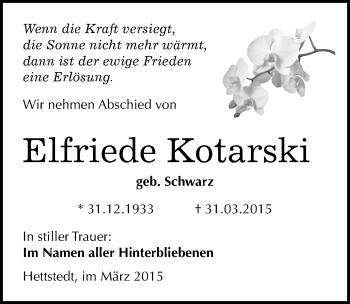 Traueranzeige von Elfriede Kotarski von Mitteldeutsche Zeitung