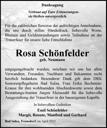 Traueranzeige von Rosa Schönfelder von Mitteldeutsche Zeitung Naumburg/Nebra