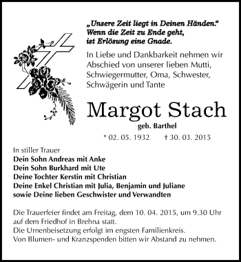 Traueranzeige von Margot Stach von Mitteldeutsche Zeitung Bitterfeld