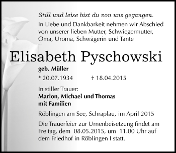 Traueranzeige von Elisabeth Pyschowski von Mitteldeutsche Zeitung Mansfelder Land