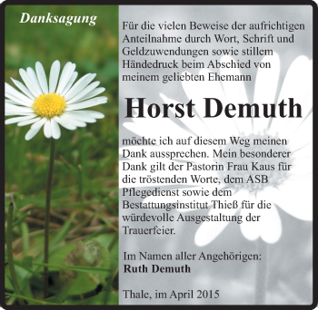 Traueranzeige von Horst Demuth von Mitteldeutsche Zeitung Quedlinburg