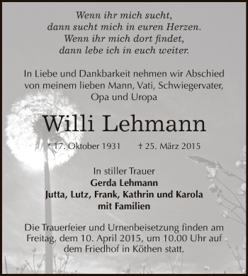 Traueranzeige von Willi Lehmann von WVG - Wochenspiegel Dessau / Köthen