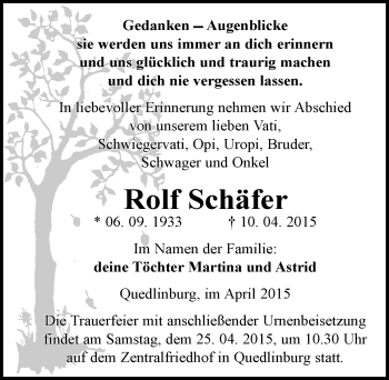 Traueranzeige von Rolf Schäfer von Mitteldeutsche Zeitung Quedlinburg