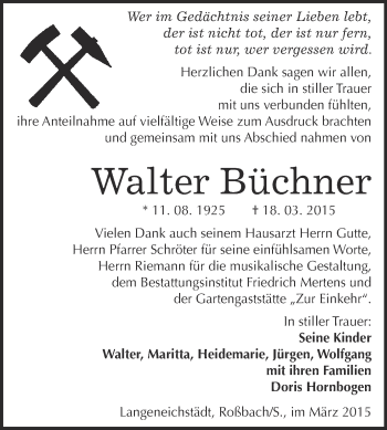 Traueranzeige von Walter Büchner von WVG - Wochenspiegel NMB / WSF / ZTZ