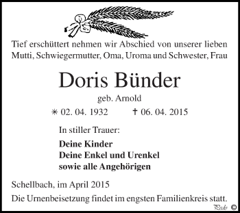 Traueranzeige von Doris Bünder von Super Sonntag Zeitz